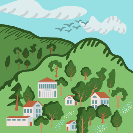 Village among hills vector landscapeのイラスト素材
