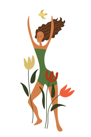 Summer girl and flowers freehand illustrationのイラスト素材