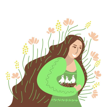 Spring allegory illustration, girl with nest and flowersのイラスト素材