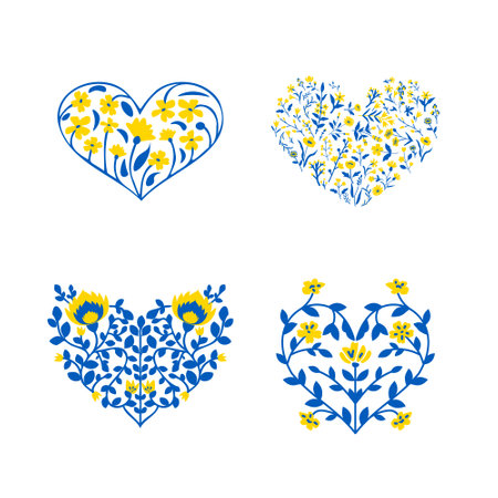 Isolated floral hearts in Ukrainian flag colors.のイラスト素材