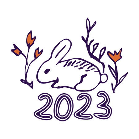 Rabbit hand drawn vector illustration with flowersのイラスト素材