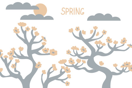 Background with sakuras, clouds and sunのイラスト素材