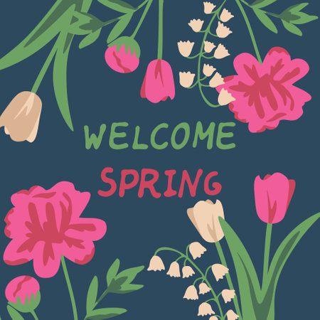 Floral decorative card with peony, tulip and lily of the valleyのイラスト素材