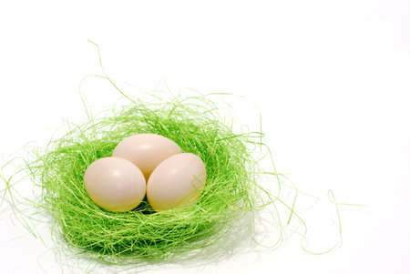 Three small pale dove eggs in a green nestの写真素材