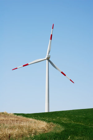 Solitary wind turbine in green field viewed from back