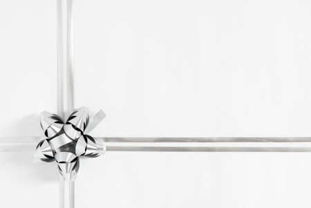 Silver cockade and strings on white paper backgroundの写真素材