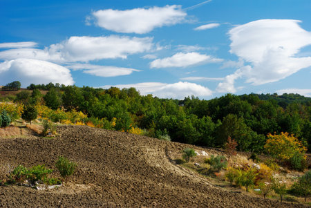 Agricultural landscape with plowed fields and moody sky in Molise (Center Italy)の写真素材