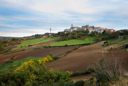 Rural italian landscape with little village of Montagano on the hillの写真素材