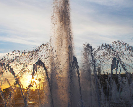 fountain at sunset of the day. city, europe.