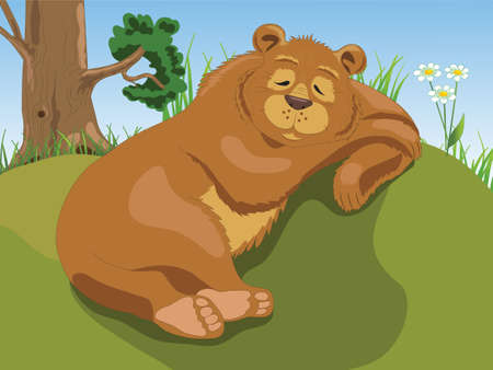 A bear sleeps sweetly on a hill in summer under a tree. Good brown bear.のイラスト素材