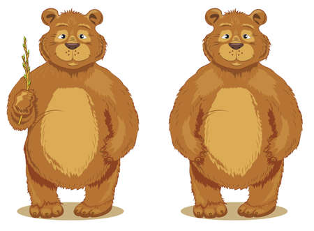 Brown bear stands with a twig the second bear stands smiling, yellow belly, pretty, teddy.のイラスト素材