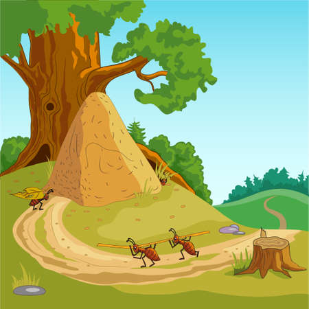 Ants carry sticks and leaves to the anthill on the background of trees and meadowsのイラスト素材