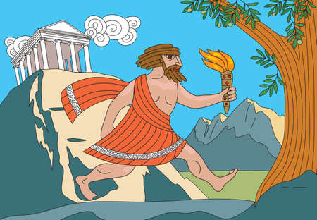 Gods of Olympus. Greek myths and legends. Prometheus stole fire from the gods on Olympus and brings fire to people. Prometheus runs with a torch in his hand.のイラスト素材