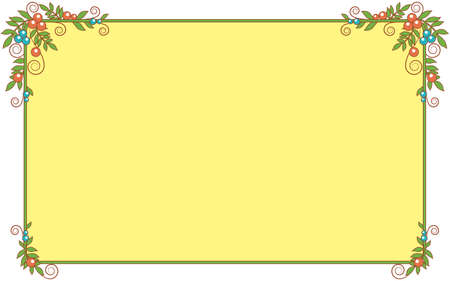 Frame with yellow background, plant pattern, leaves, curls, red and blue berriesのイラスト素材