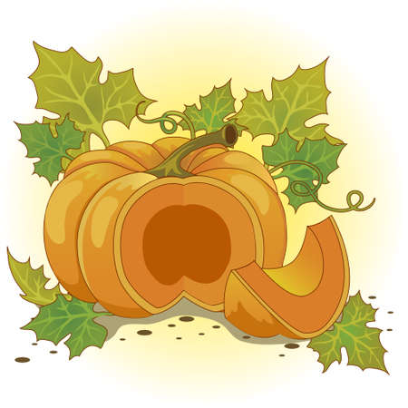 Orange pumpkin with leaves the middle is visible and a piece is cut offのイラスト素材