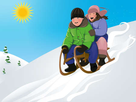 funny kids sleddingのイラスト素材