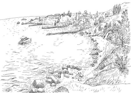 Sea coast with piers and rocky shore in the Crimea. Monochrome freehand ink drawn backdrop sketchy in art doodle style pen.のイラスト素材
