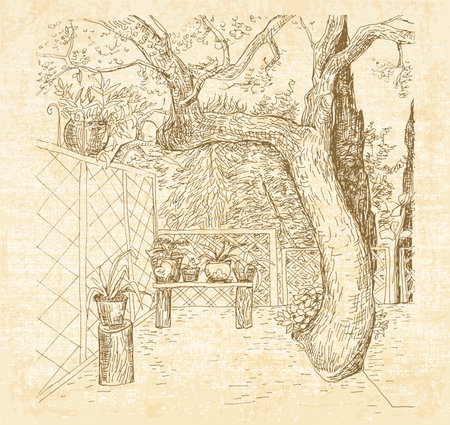 Summer sunny patio in art doodle style pen. Hand drawn vector sketch with canvas textured background.のイラスト素材
