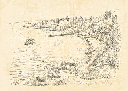Sea coast with piers and rocky shore in the Crimea. Monochrome freehand ink drawing with canvas backdrop, sketch in art doodle style pen.のイラスト素材