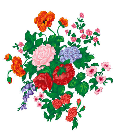 Vector bouquet with red rose, poppies, bluebells, wild flowers and green leaves isolated on white.のイラスト素材