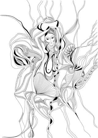 Hand drawn and doodle style girl dancing belly dance. Abstract graphic design, can use for posters cards, stickers, illustrations, as decorative element.のイラスト素材