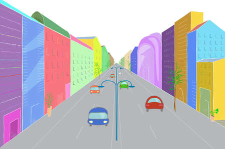 Urban landscape in flat design style, vector illustration. Modern city street with buildings, cars, skyscrapers and trees perspectiveのイラスト素材