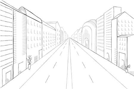 Urban monochrome landscape, Modern city street with buildings, skyscrapers and trees perspective.のイラスト素材