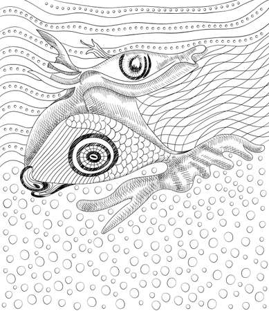 Surreal hand drawing whale and fish, abstract template with black outlines, can use for posters cards, stickers, coloring book, as decorative element.のイラスト素材