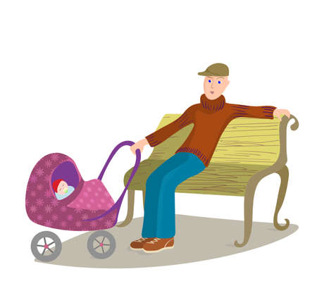 Man with child in pram sitting on a park bench, cartoon illustration.のイラスト素材