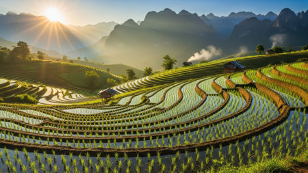 The image showcases sunlit rice terraces cascading down a hillside towards a mountainous backdrop. The scene uses earthy tones with vibrant greens and browns. The composition includes the sun, creating a dynamic interplay of light and shadow over the fields. The photograph has a natural and idyllic feel.の素材