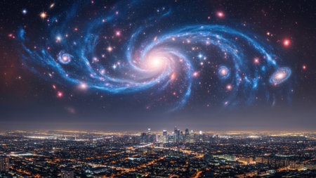 An illustration features a vibrant galaxy swirling above a cityscape at night. The image showcases luminous stars and celestial bodies against a dark sky. The scene is illuminated by the galaxy's light, creating a dramatic contrast with the city below.の素材