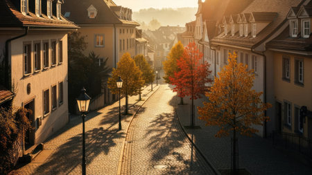 An inviting street scene unfolds with buildings lining the road. Sunlight bathes the scene, illuminating the architecture and colorful trees. The composition includes buildings, trees, and street lamps, creating a warm, inviting atmosphere. The image is rich with textures, suggesting an outdoor environment.の素材