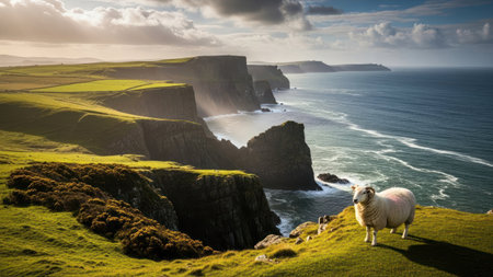A sheep stands on a grassy cliff overlooking the ocean with a stunning view. The scene features rolling green hills, rugged cliffs, and the vast expanse of the sea under a bright sky. The landscape is illuminated by sunlight, with shadows adding depth to the scene.の素材