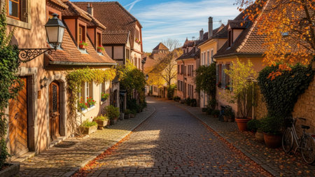 A picturesque street scene unfolds, featuring quaint buildings with warm colors. The cobblestone road leads toward the background, where more buildings and trees are visible. Sunlight bathes the scene, highlighting the architectural details and the autumnal hues. The image showcases a sense of peace.の素材