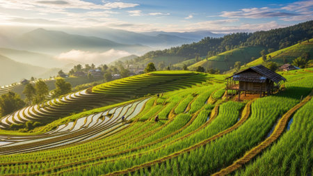 A scenic view showcases vibrant green rice terraces cascading down rolling hills. A small wooden hut sits near the edge, bathed in sunlight. The composition emphasizes the natural beauty of the landscape with a tranquil atmosphere. The lush environment suggests a rural setting.の素材