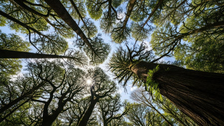 An upward perspective captures tree canopies reaching towards the bright blue sky. The composition emphasizes the height of the trees, showcasing their green foliage and branches. Sunlight filters through, creating a visually compelling display. The natural setting features a combination of textures and forms.の素材