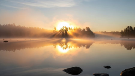 The image showcases a tranquil sunrise scene over a calm lake. Silhouetted trees and a misty atmosphere create a soft, ethereal quality. The sunlight reflects beautifully on the water's surface, enhancing the overall serene and calming ambiance. The composition highlights natural beauty.の素材