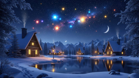 A picturesque winter scene showcases illuminated houses nestled amidst snow-covered trees and a tranquil lake. The composition highlights a vibrant night sky filled with stars and colorful lights. The artwork features a serene atmosphere, with a cool color palette and soft lighting.の素材