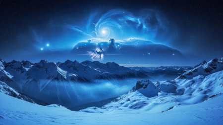 An artistic digital creation displays a mountain range below a celestial galaxy with a bright star. The scene is illuminated by shades of blue and white, which creates a serene atmosphere. The artwork uses a combination of textures to create depth, possibly representing a fictional landscape.の素材