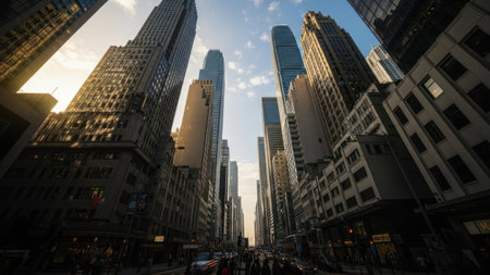 An urban cityscape showcases towering skyscrapers, dominating the view from a street perspective. The buildings exhibit diverse architectural styles, with variations in texture and design. The composition is framed against a blue sky, enhancing the scene with natural light. Pedestrians and vehicles add to the active daytime atmosphere.の素材