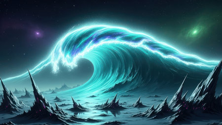 An illustration depicts a large, luminous wave cresting against a dark backdrop. The wave is a striking shade of teal, contrasted by the deep blues and blacks of the surrounding environment. Sharp, dark formations are in the foreground, and hints of stars are present in the sky.の素材
