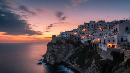 A picturesque coastal town sits perched on a cliff overlooking the ocean at sunset. Buildings with white facades are illuminated by warm lights. The sky displays a gradient of colors from orange to purple, and the sea reflects these hues. The soft lighting creates a serene atmosphere.の素材