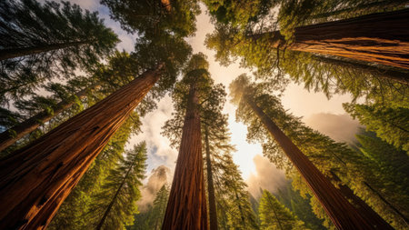 An upward perspective captures tall trees. Sunlight filters through the branches, creating a bright and airy atmosphere. The composition emphasizes the height of the trees. The image conveys a sense of peace and natural beauty, evoking the feeling of being outdoors.の素材