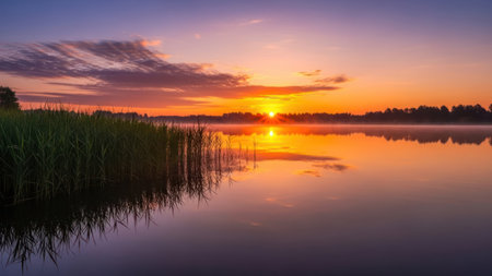 The photograph captures a serene lake at sunrise, reflecting the sky's vibrant colors. The composition features a foreground of marsh grasses and a calm water surface mirroring the orange and purple hues. The bright sun is positioned at the horizon, casting a warm glow over the entire landscape.の素材