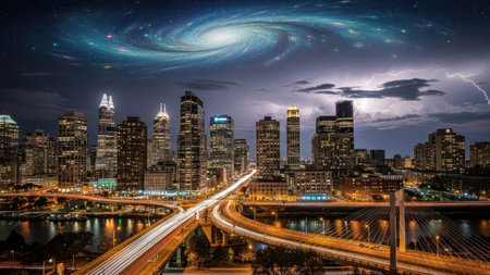 A nighttime cityscape is illuminated by artificial lights and the glow of stars. Tall buildings are silhouetted against a dark sky, and a bright, swirling galaxy is visible above the city. The lights of the city reflect on the water below, and the scene is filled with vibrant colors.の素材
