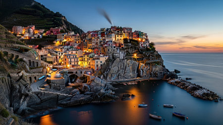 A picturesque coastal village sits perched on a cliffside, illuminated by warm lights as dusk settles. The buildings feature various colors and textures, creating a charming aesthetic. The calm water reflects the soft hues of the sky during the evening. Boats are moored, and the scene evokes a sense of tranquility.の素材