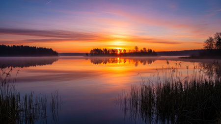 A stunning sunrise bathes a tranquil lake in warm light and vibrant colors. The sky transitions from orange and yellow to purple and blue, reflected perfectly in the still water. Silhouetted trees line the horizon, adding to the serene outdoor landscape and peaceful atmosphere.の素材