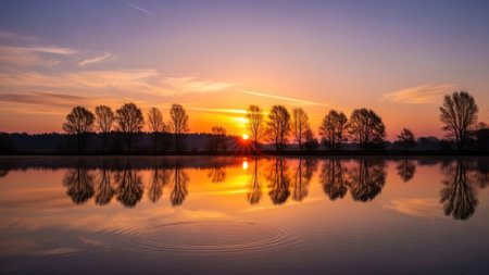The image features a serene sunset over a body of water, reflecting the colors of the sky. Silhouetted trees line the horizon, adding a sense of depth. Warm tones dominate the scene, creating a peaceful atmosphere. The composition emphasizes symmetry and the beauty of the natural environment.の素材