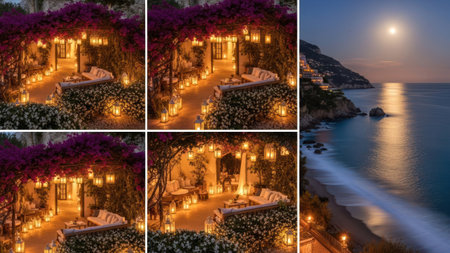 An evening scene shows a beach setting with illuminated lanterns. The soft lighting enhances the atmosphere, while the natural elements contribute to a calm and inviting composition. The image includes lush vegetation and a serene coastal view with a full moon visible above the ocean.の素材