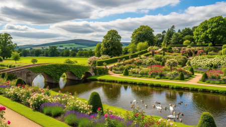 A picturesque scene showcases a stone bridge spanning a tranquil water body, surrounded by vibrant, colorful gardens. Lush greenery and blooming flowers create a sense of harmony. The composition is bathed in natural daylight, with gentle clouds in the sky, evoking a serene atmosphere.の素材